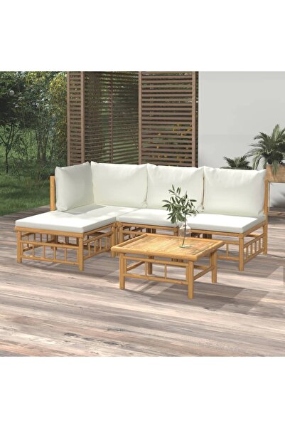 vidaxl 5 Piece Garden Lounge Set with Cream White Cushions Bamboo