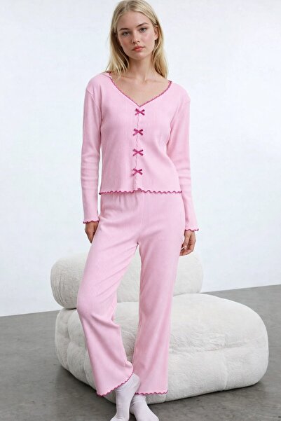 CARLA MARA Комплект пижама от памучен дантел и панделки с ребриста плетка