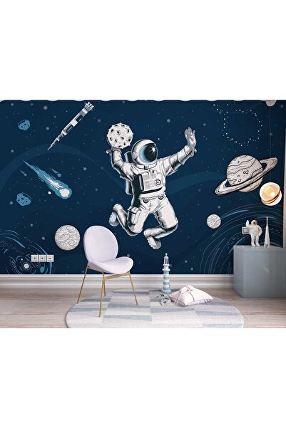 Grown Mavi Uzayda Astronot ve Gezegenler Çocuk Odası Duvar Kağıdı