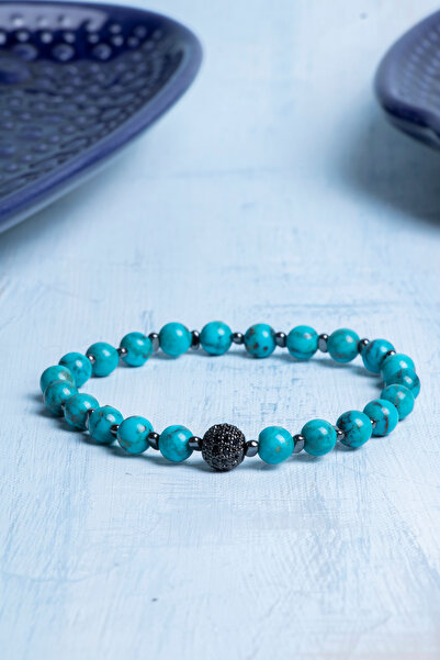 Deniz Doğal Taş Certified Turquoise (Turquoise) Natural Stone Bracelet with Z...