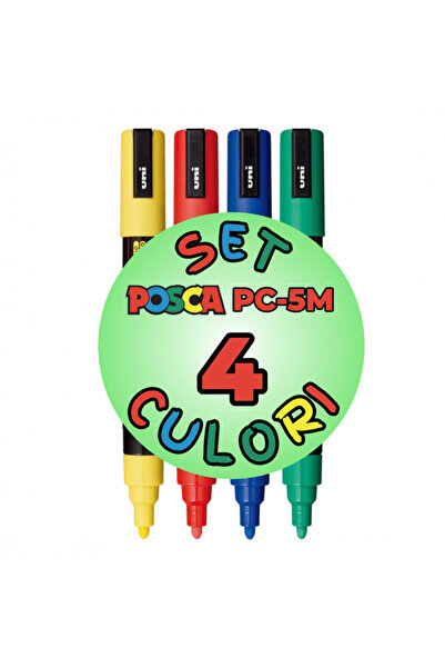 POSCA Marker UNI PC-5M, varf rotund, 1.8-2.5mm, set 4 culori