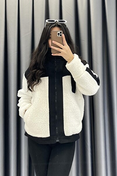 Noa&Noa جاكيت من القطيفة بتفاصيل من الدنيم وسحاب أمامي - أسود