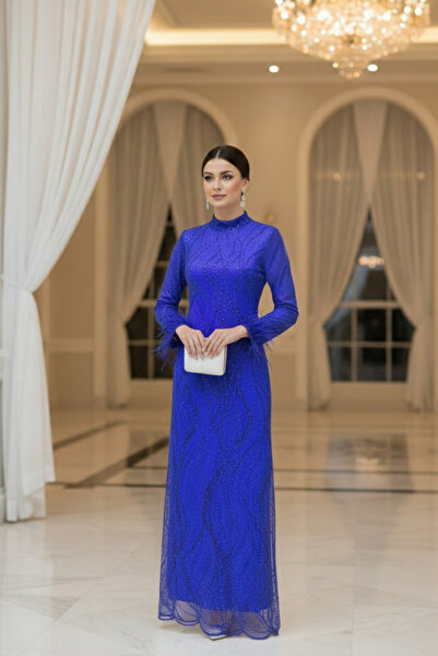 sarıhan Pul Payet İşlemeli Zarif Saks Mavisi Güpürlü Elbise