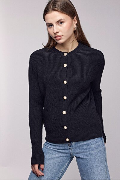 Saade Black Crew Neck Pearl Buttoned F Corded Fabric Knitwear Cardigan