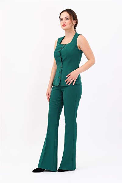 ÖNDER ÖZSOY Square Neck Buttoned Modern Vest & Elastic Flared Pants Women's S...