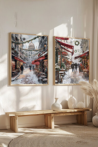 STARYUNA Wooden Framed Winter Themed Paris Streets Double Painting Set Yuna487