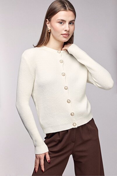 Saade Ecru Crew Neck Pearl Buttoned F Corded Fabric Knitwear Cardigan