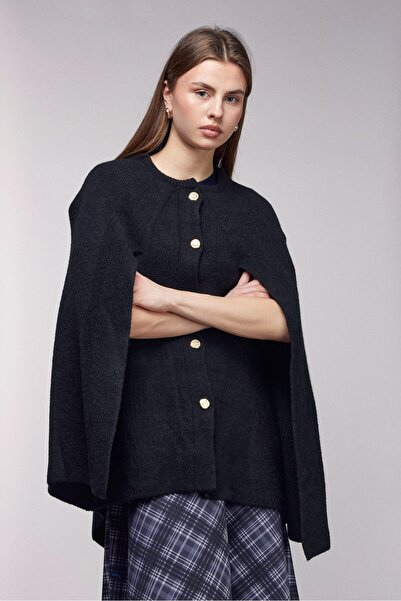 Saade Black Crew Neck Gold Buttoned Poncho-Cape