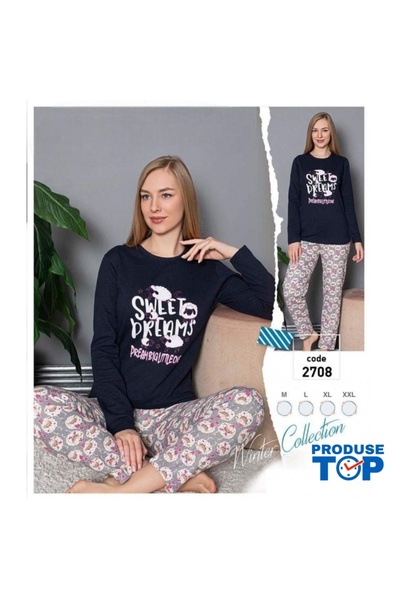 Produse.Top Women's Pajamas with Long Sleeve Top and Long Pants PJD078