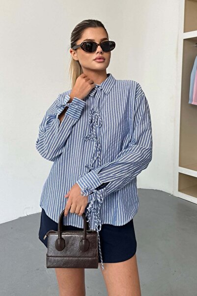 JEE LEE Women's Long Sleeve Tie Detailed Striped Shirt Navy Blue - 26Y 2123