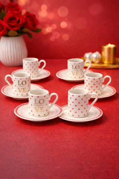 YzHome 6 Kişilik 12 Parça Porselen Love Kalp Kahve Fincan Takımı Seti Kalpli ...