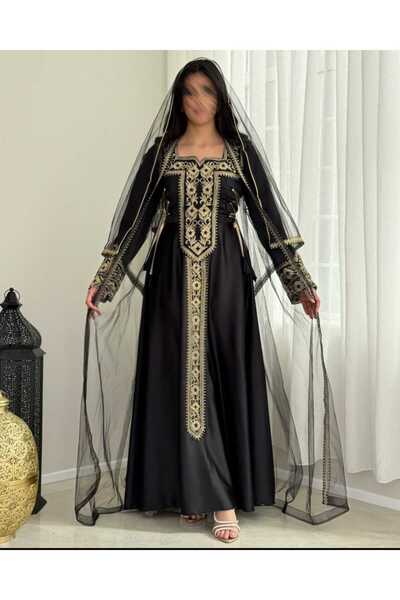H3C Black jalabiya with gold embroidery and a sheer headscarf