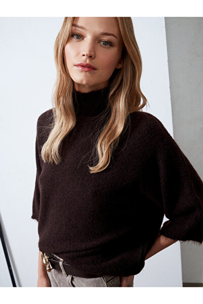 Dilvin 10851 Mock Neck Soft Textured Sweater-Brown