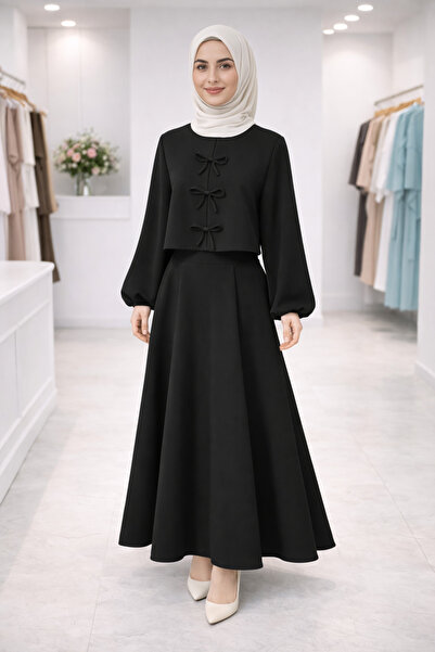 ERVA Kadın Tesettür Etek Takım Fiyonklu Şık Uzun Etek Takımı