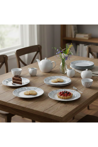 dyris 6’lı Pasta Tabağı – Porselen & Keramika, Ağaç Dalı Desenli Şık Sunum Seti