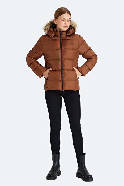 Slazenger Hooded Comfortable Casual Puffer Coat Women's Tan Coat
