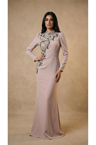 MİSS DİAMOND Elegant Crystal Detailed Full Length Powder Hijab Evening Dress
