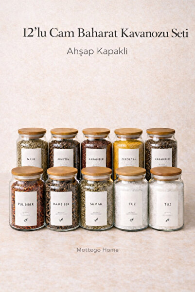 Mottogo 12-Piece Acacia Lid Glass Spice Jar Set – with Rotating Bamboo Stand,...