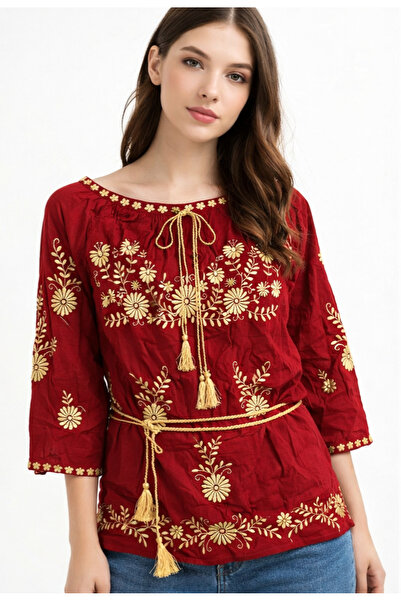 Nobrand Burgundy women's top with beige embroidery, boho style, 3/4 sleeves, ...