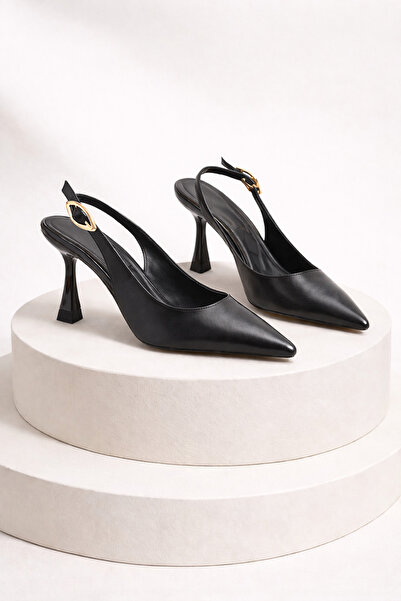 ELAIA SHOES Elora Women's Black Buckle Pointed Toe Heeled Shoes