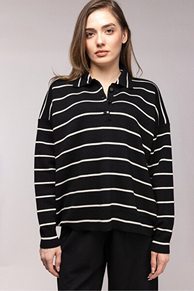 Saade Black Striped Polo Neck Buttoned Knit Sweater