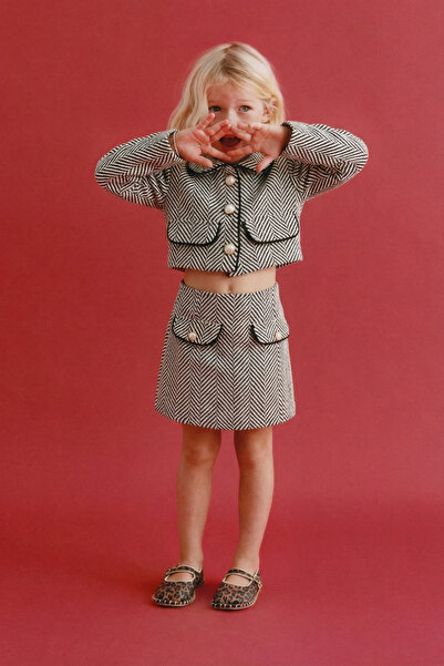 Magu Girl's Cotton Black and White Herringbone Jacket and Skirt Set - Stylish...