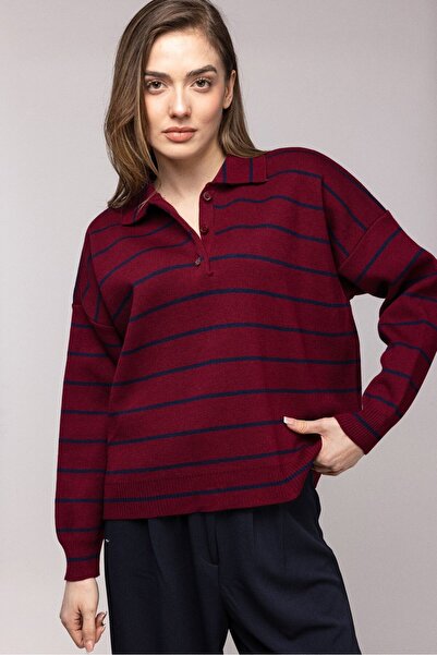 Saade Burgundy Striped Polo Neck Buttoned Knit Sweater