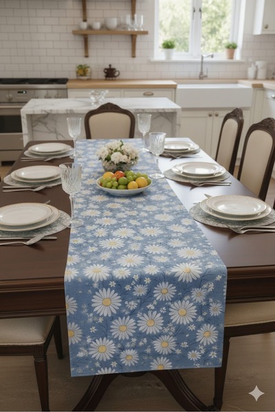 Rona Home Blue Daisy Patterned Luxury Runner, High Quality Woven Fabric, Stai...
