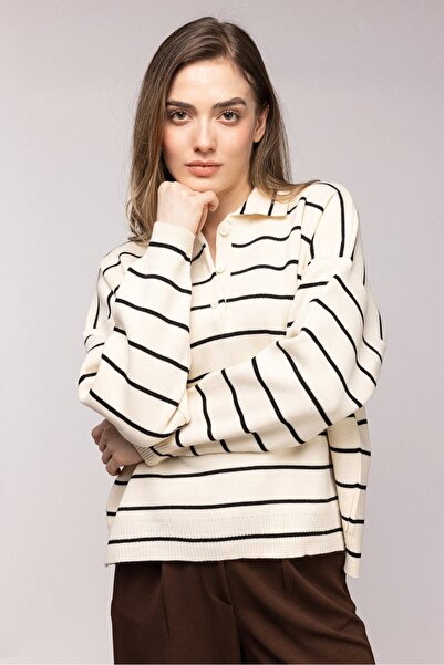 Saade Ecru Striped Polo Neck Buttoned Knit Sweater