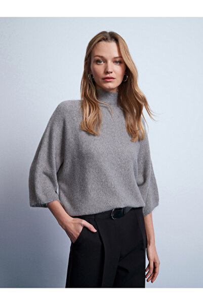 Dilvin 10851 Mock Neck Soft Textured Sweater-Grey