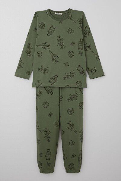 Breeze Boy's Pajama Set Travel Themed World Traveler 4-8 Years Old, Khaki Green