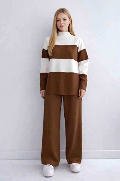 Kirazgym طقم تريكو نسائي نصف رقبة بلونين - أسمر