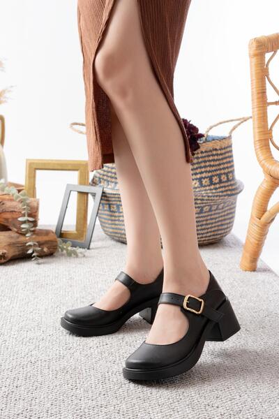 asmi shoes Women's Elisa Black Skin 6 cm Single Ballet Heeled Loafer Shoes Black