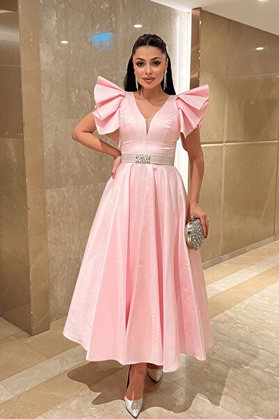 giyimmasalı Taffeta Fabric Shoulder Flounce Midi Dress - Pudra