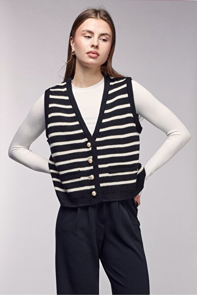 Saade Black Striped Pearl Buttoned V-Neck Knitwear Vest