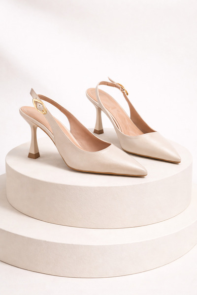 ELAIA SHOES Elora Women's Beige Buckle Pointed Toe Heeled Shoes