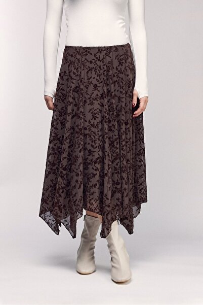 Saade Brown Floral Patterned Asymmetrical Cut Maxi Skirt - Lined