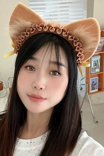 TAKIŞTIR Kahverengi Kedi Kulak Detaylı Peluş Taç