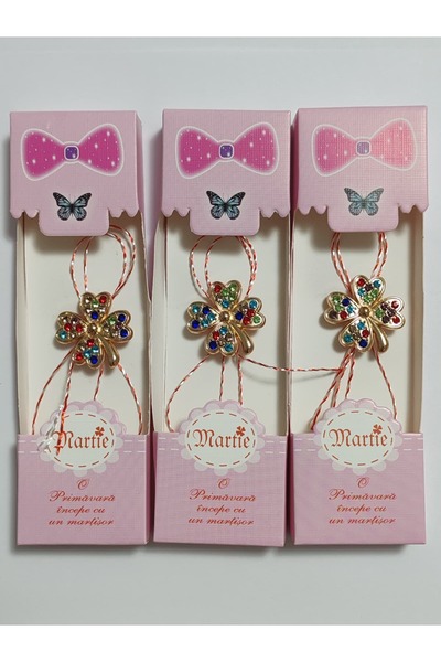 OEM Martisoare elegante trifoi multicolor auriu in cutie cu brosa metal si sn...