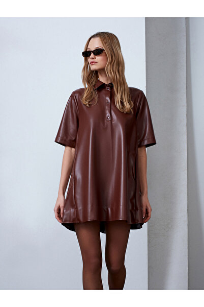 Dilvin 90934 Faux Leather Mini Shirt Dress-Caramel