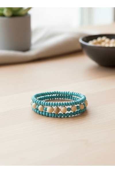 Handmade Unisex Turkuaz & Krem Etnik 3’lü Bileklik Seti