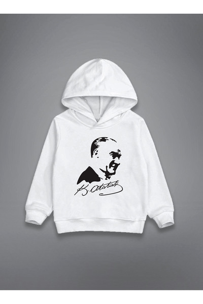 MODA Мюстафа Кемал Ататюрк Печатно бяло детско суитшърт с качулка