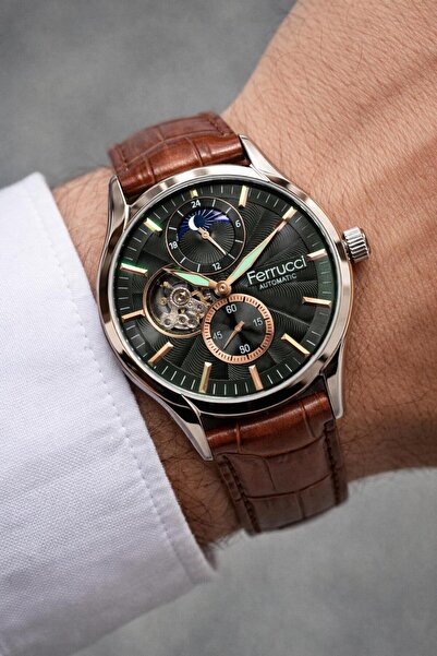 Ferrucci Otomatik Erkek Kol Saati – Deri Kordon, Açık Mekanizma