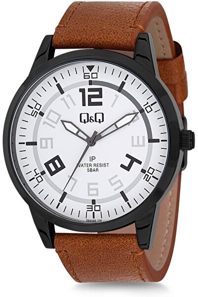 Q&Q Erkek Beyaz Kadran Siyah Kasa Kahverengi Deri Kordon Kol Saati 2 Yıl Gara...