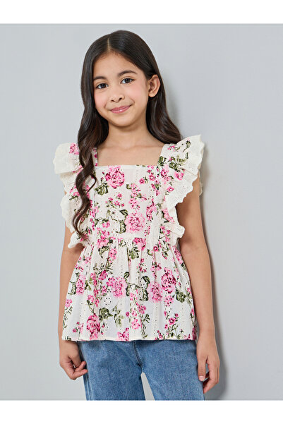 Styli Girls Floral Print Ruffle Sleeve Top