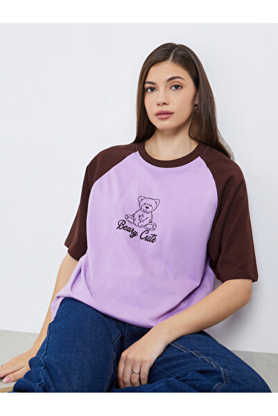 Styli Women Lilac Bear Graphic Oversized T-Shirt