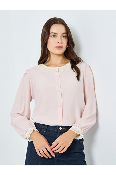 Styli Women Pink Lace Trim Long Sleeve Blouse