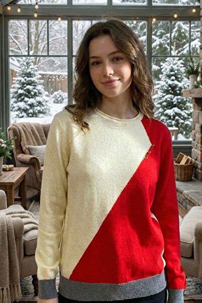 yb yağmur butik Crew Neck Ornamental Button Detailed Glittery Knitwear