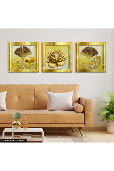 Evinemoda Gold Rose and Leaf 3 Piece Gold Plexi Mirrored Framed Painting