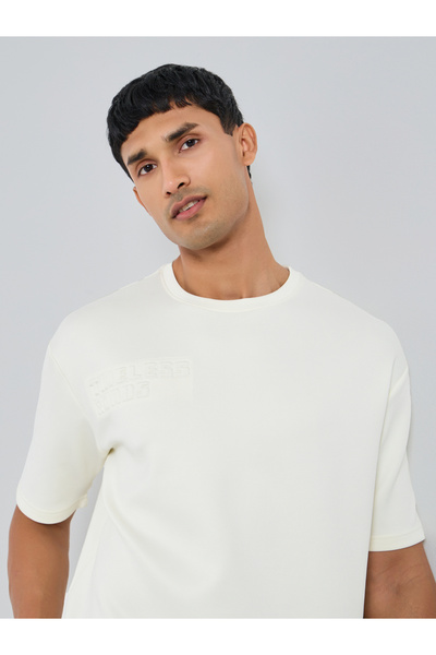 Styli Men Cream Crew Neck Oversized T-Shirt